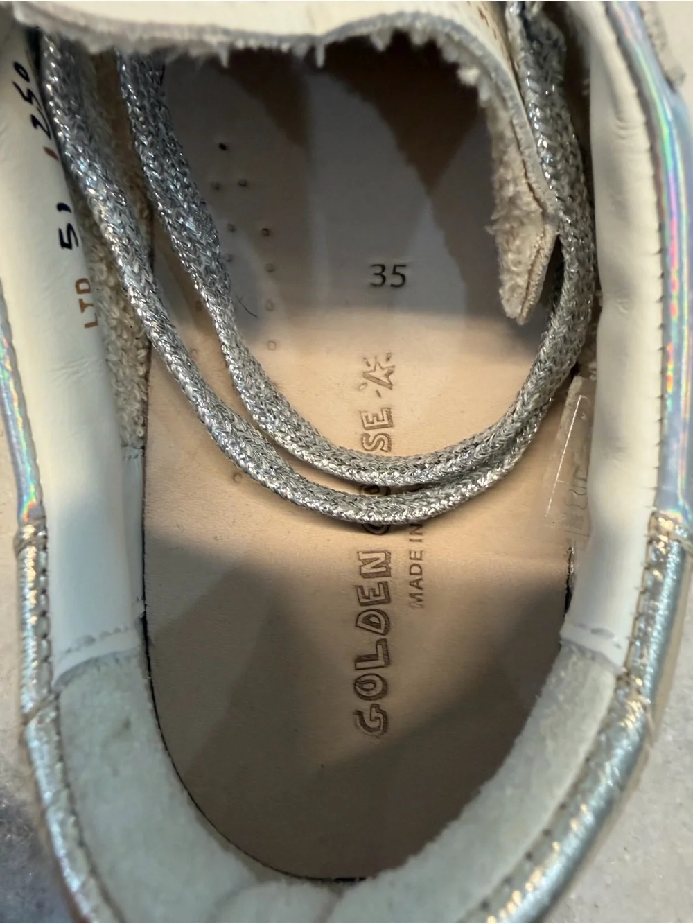 Golden Goose May Kids Holographic Silver & White Low-Top Sneakers size 35
